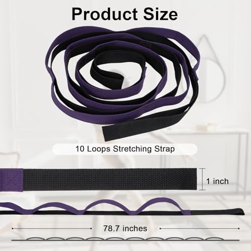 Amrules Yoga Strap for Stretching with 10 Loops Inelastic Soft Polyester Cotton Stretch Out Band for Exercise, Yoga, Pilates and Dance for Men and Women