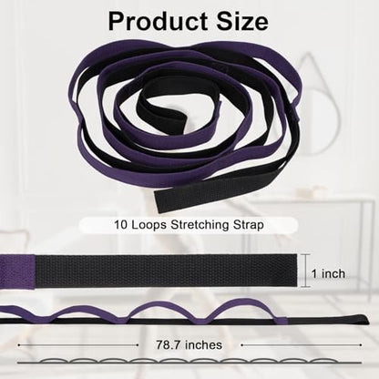 Amrules Yoga Strap for Stretching with 10 Loops Inelastic Soft Polyester Cotton Stretch Out Band for Exercise, Yoga, Pilates and Dance for Men and Women