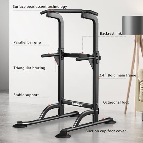 Power Tower Pull Up Bar and Dip Station, Multi-Function Home Gym, Strength Training Fitness Equipment, Height Adjustable - color: Black