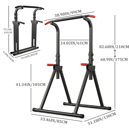 Foldable Pull Up Bar Standing Power Tower, Multi-Function Dip Station, 6-Level Adjustable Height Strength Training Equipment for Home Gym, 440lbs Capacity