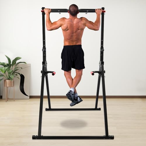 Foldable Power Tower Pull Up Bar Station, Pull Up Bars Adjustable Height Foldable Dip Station for Home Gym Workout, Heavy Duty for Strength Training, Bench Press and Leg Squats