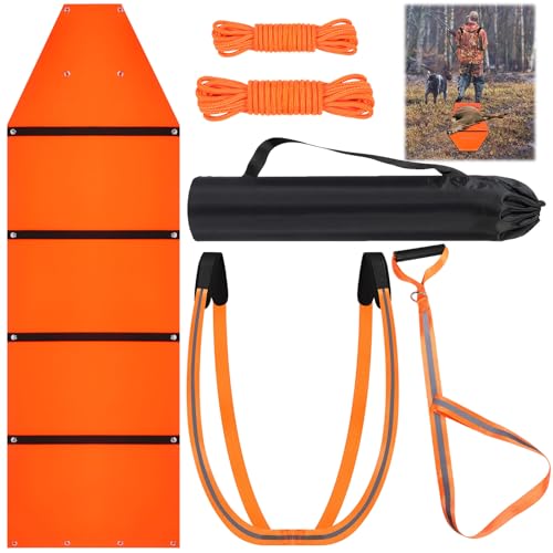 1.2mm Thickened Deer Drag Sleds with Rope, Tear-Resistant Cart Game Hauler with Storage Bag, Dual Deer Drag Harness Strap, Widen Shoulder for Hunting Accessories(Tapered-Anti Slip, Orange)