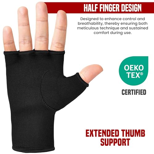 RDX Boxing Hand Wraps Inner Gloves Men Women, Half Finger Elasticated Bandages, Under Mitts Fist Protection, Muay Thai, Kickboxing, MMA, Martial Arts Speed Bag Punching Training - color: Full Black, size: Medium