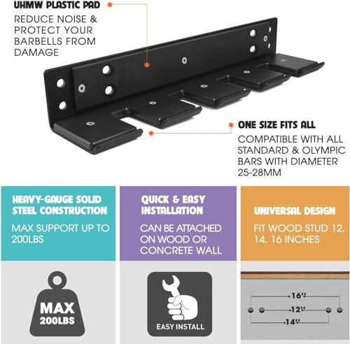 Yes4All Vertical Wall Mounted Olympic Barbell Holder, Barbell Storage Rack, Hanging Barbell Rack for Home Fitness Equipment - color: Black Vertical Wall Mounted - 4 Bars