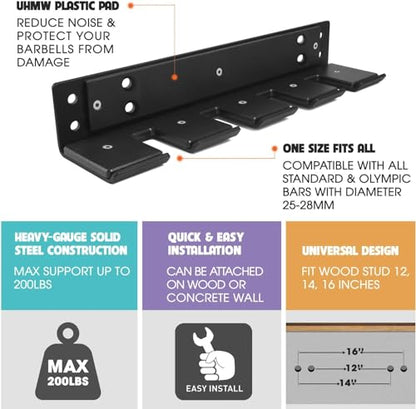Yes4All Vertical Wall Mounted Olympic Barbell Holder, Barbell Storage Rack, Hanging Barbell Rack for Home Fitness Equipment - color: Black Vertical Wall Mounted - 4 Bars