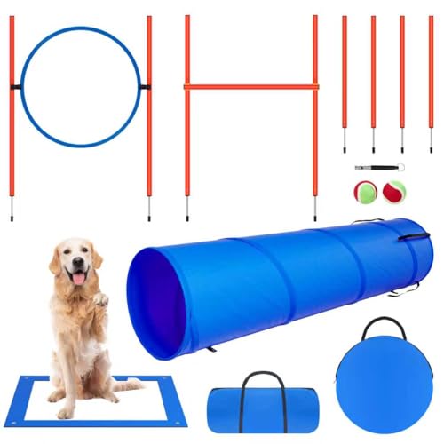 Dog Agility Equipment, Dog Obstacle Courses Backyard - Pet Outdoor Games w/Adjustable High Jump, Agility Weave Poles, Tunnel, Jumping Ring, Pause Box, 2 Balls,Whistle and Carrying Bag - size: 5 PCS Basic with tunnel