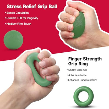 FitBeast Hand Grip Strengthener Workout Kit (5 Pack), 2 Forearm Grip Adjustable Resistance Hand Gripper, Finger Stretcher, Grip Ring & Stress Relief Grip Ball for Athletes - color: Dark Green