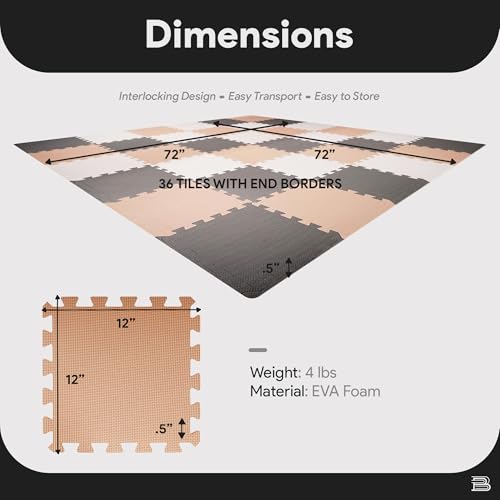BalanceFrom Foam Floor Tiles for Kids - Non-Toxic Comfortable Baby Play Mat and Interlocking Foam Tiles for Crawling & Development, Soft Play Mat for Babies, 36 Tiles Cover 36 SQ SF