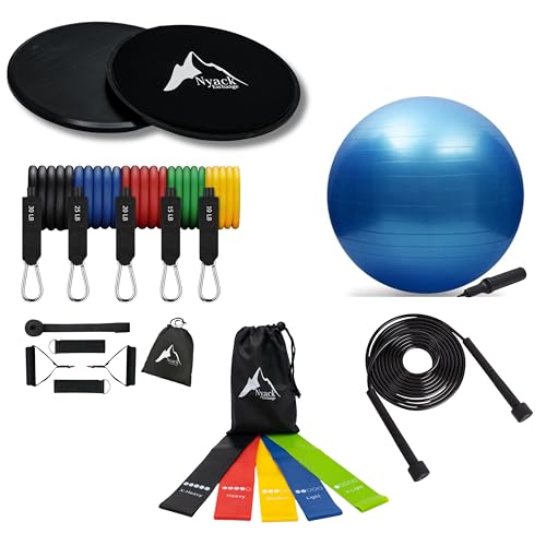 Home Workout Kit-Includes Resistance Bands, Exercise Balls with Pump, Core Sliders and Fitness Looped Bands for Physical Therapy Strength Training Full Body, Core Workouts by Nyack Exchange