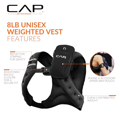 CAP Barbell 8LB Weighted Vest – Unisex Workout Vest with Phone Pouch, Reflective Strips, and Adjustable Fit for Walking, Running, Cardio, and Strength Training | Black or Blue - color: Black