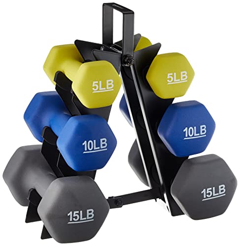 Amazon Basics Neoprene Dumbbell Hand Weights for Exercise and Muscle Toning - style: Rack with 3 Pairs (5, 10, and 15 Pound)