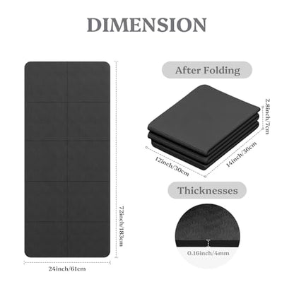 Foldable Yoga Mat Non Slip, Pilates Fitness Mats, 72" x 24" Extra Width ＆ Thick, Anti-Tear Exercise Mat with Carrying Strap and Bag, Workout Mats for Stretching,Yoga Studio,Gym or Home Workouts