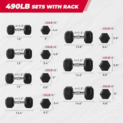 RitFit Rubber Coated Hex Dumbbell Set with Rack, 5-780LB for Home Gym Strength Training, Anti-Slip Knurled Handle, Hexagon Anti-Roll, Heavy-Duty Storage Rack - style: 490LB Set-3-Tier Rack (20-50LB）