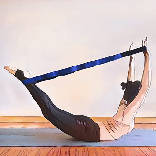 Muka Yoga Strap with 12 Loops for Workout Stretching, Non-Elastic Resistance Band for Fitness Pilates - color: Blue