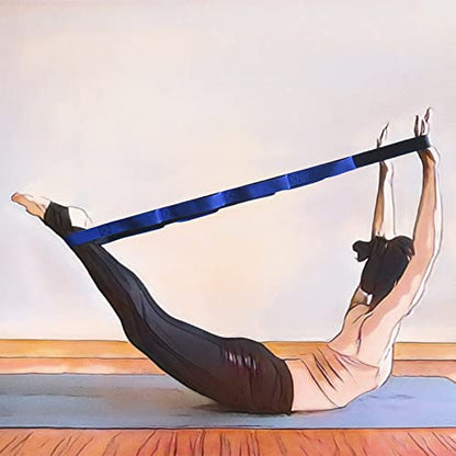Muka Yoga Strap with 12 Loops for Workout Stretching, Non-Elastic Resistance Band for Fitness Pilates - color: Blue