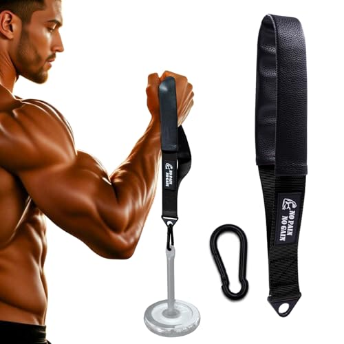 Arm Wrestling Training Strap with Leather Sleeve – Dual Ring Grip Strap for Wrist Forearm & Biceps Strength Compatible with Cable Machines & Resistance Bands