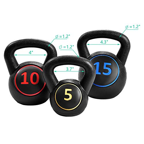 GYMAX Kettlebells, 3 Pcs Vinyl Coated Strength Training Kettlebells 5 lbs, 10 lbs, 15lbs Dumbbell Set for Push up, Grip, Swing, Deadlifts, Squats, Lifting, Get-ups Full Body Exercise Workout