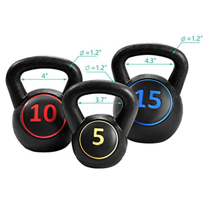 GYMAX Kettlebells, 3 Pcs Vinyl Coated Strength Training Kettlebells 5 lbs, 10 lbs, 15lbs Dumbbell Set for Push up, Grip, Swing, Deadlifts, Squats, Lifting, Get-ups Full Body Exercise Workout