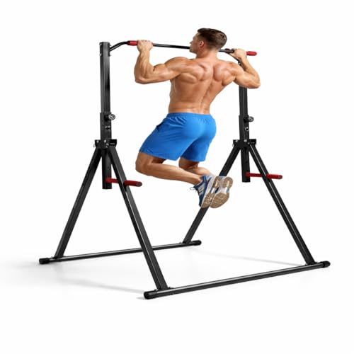 Folding Pull Up Bar, Power Tower Dip Station, Adjustable Height Strength Training Horizontal Bar, Triangular Design Exercise Equipment Chin Up Bar for Home Outdoor Gym
