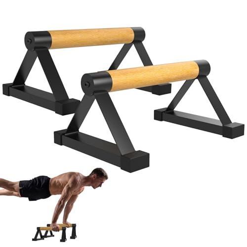 Wood Push Up Bar Set, 2PCS Non-Slip Handstand Bars, Parallettes Bars for Calisthenics and Push-Up Workouts, Solid Wood Grip with Metal Frame, Supports 550 LBS