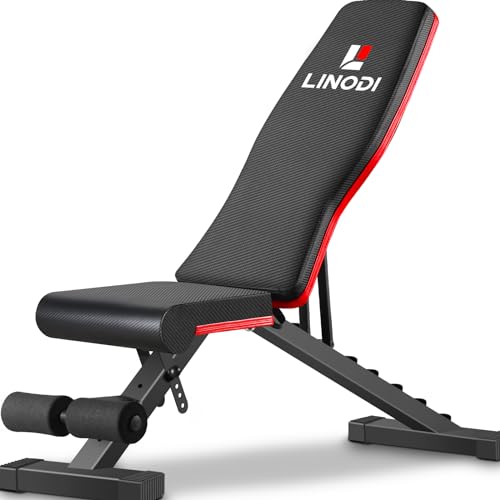 LINODI Adjustable Weight Bench for Home Gym，Foldable Incline Decline Flat Workout Bench for Full Body Strength Training, Dumbbell Press & Ab Exercises - color: Black/Red