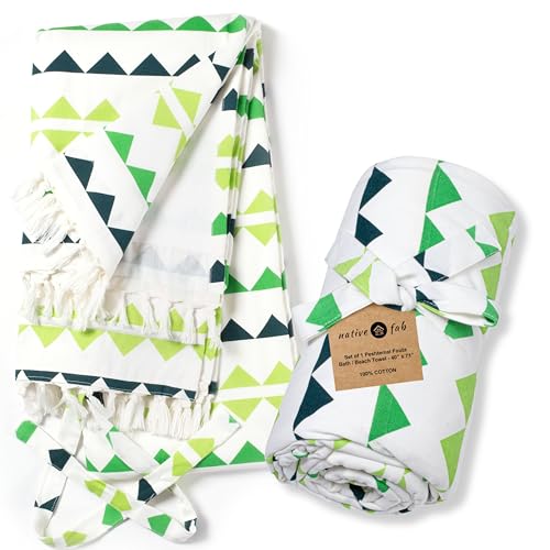 Native Fab Boho Turkish Beach Towel - Oversized 40x72 inches - 100% Cotton Absorbent Terry Towel for Bath, Spa, Pool - Sand Resistant, Thick Luxury Hammam Towels - Multi Colors - Green - color: Lime Mojito