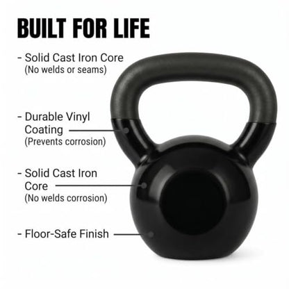 Amber Fight Gear Vinyl Coated Kettlebell Weights | Solid Cast Iron Kettle Bells for Strength Training, Core Workouts & Cardio | Home Gym Exercise Equipment for Men & Women | 5 lbs to 70 lbs