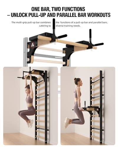 Swedish Ladder Pro, Wood Stall Bar with Push-Through Bar, Adjustable Pull-Up Dip Bar for Adults and Kids, Accessories Bundle, Spring, for Home, School, Physical Therapy and Gymnastics - size: 40"x90“x26"