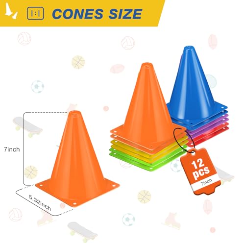 12pcs Cones 7 Inch Soccer Cones and Plastic Traffic Cones, Durable Cones for Sports Training, Ideal for Soccer, Basketball, Football, Skating, and Agility Drills Practice
