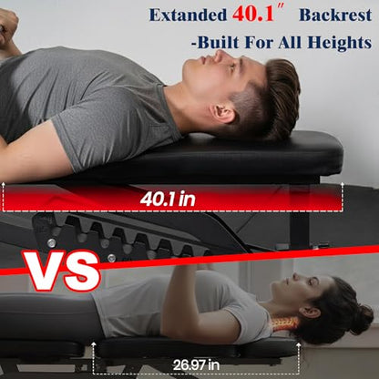 Adjustable Weight Bench, Adjustable Flat Incline Decline Home Gym Bench, Heavy-Duty 12-Gauge Steel Frame with Leg Extension and Preacher Pad for Small Space Apartment Room