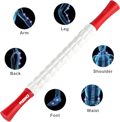 Muscle Roller Massage Roller Stick- Deep Tissue Fascia Blaster for Myofascial Pain Relief, Lymphatic Drainage & Body Sculpting, Handheld Physical Therapy & Recovery Tool (Red White-20 inch) - color: Red White