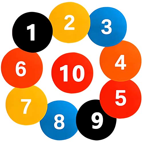 Numbered Poly Spot Markers - 10pc Anti-Slip 9 Inch (23cm) Floor Dots for Sports Training, Agility Drills, Games