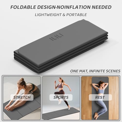ILILI Foldable Yoga Mat 71 * 24 * 0.3'' - TPE Non-Slip Fitness Mat for Home，Waterproof & Lightweight (2lb) for Home Gym, Pilates & Stretching,Fitness Workouts - color: Grey