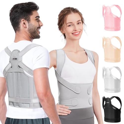 Fit Geno Back Brace Posture Corrector for Women and Men, Shoulder Straightener, Adjustable Full Back Support, Upper and Lower Back Pain Relief - Scoliosis, Hunchback, Thoracic, Spine Corrector (L) - color: Gray, size: Large