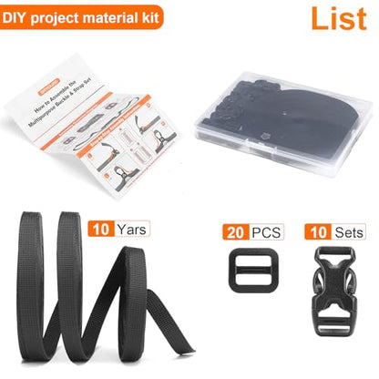 BEYOURD Buckle and Strap Set 3/8", 10 Yards Webbing Strap, 10-Pack Dual Adjustable Side Release Plastic Buckles, 20 Tri-Glide Slider Clips, Black (3/8 Inch Combo Set) - style: 3/8" Combo Set