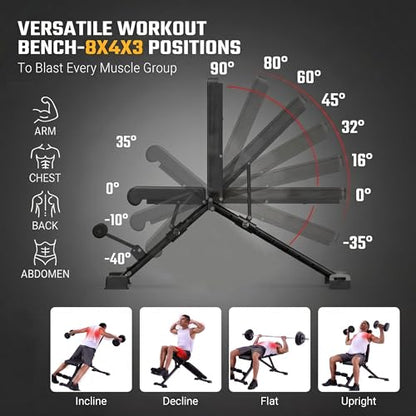 OPPSDECOR Adjustable Weight Bench, 900LBS Capacity, 8+4+2 Positions, 18.5" Seat Height, Easy Assembly Foldable Workout Bench for Home Gym Strength Training, Incline Decline Flat Bench Press (US STOCK)