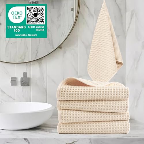 POLYTE 430 GSM Poly Blend Microfiber Quick Dry Waffle Hand Towel, 16x30 in - color: Light Beige