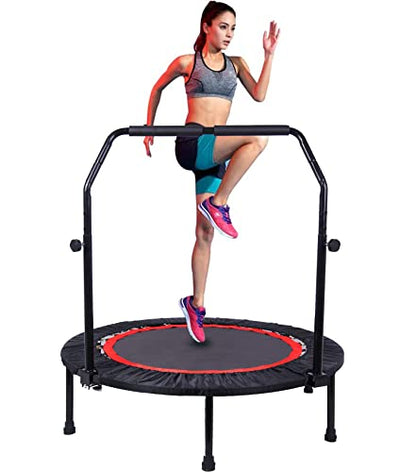 40'' Fitness Trampoline with 4 Levels Height Adjustable Foam Handle, Foldable Mini Rebounder for Adults Home Indoor Workout, 6-Leg Exercise Trampoline, Max Load 330lbs