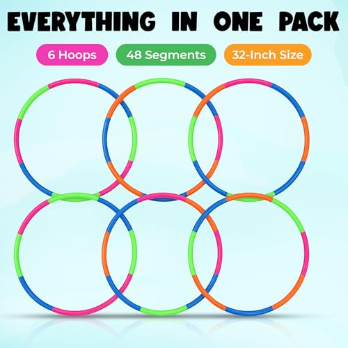 6 Pack: Toy Hoop Bundle Pack - Snap Together Detachable Adjustable Weight Size Plastic Hoops - Kids Hoola Rings for Sports, Exercise, Playing, 32-Inch