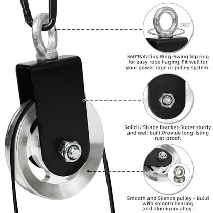 LFJ Aluminum Alloy Cable Pulley with Swing Strap Carabiner, 90mm Pulley Wheel for LAT Pulley System DIY Pull Down Attachment,Ladder Lift,Home Gym Equipment - color: Silver