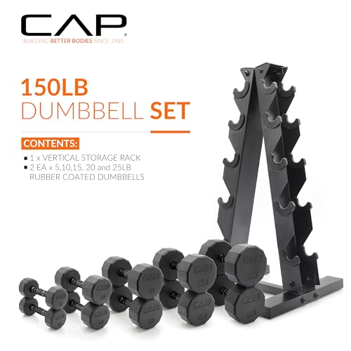 CAP Barbell 150 LB Coated Hex Dumbbell Weight Set with Vertical Rack | Multiple Options - color: Green Rack, style: 12-Sided Black Handle