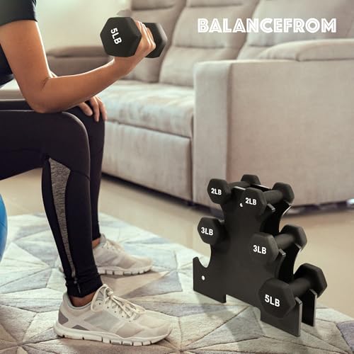 BalanceFrom Neoprene Coated Iron Dumbbell Hex Weights Set with Stand – Color-Coded or Black Options with Non-Slip Grip for Strength Training, Resistance Workouts, and Home Gym Fitness - style: 20lb Set