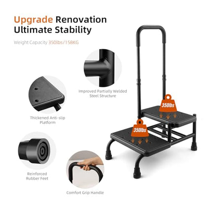 Step Stool with Handle, Non Slip Platform and Adjustable Handrail, Two Step Stool for Ederly, Adults and Handicap, Heavy Duty Foot Stool for High beds, Kitchen, Bathtub