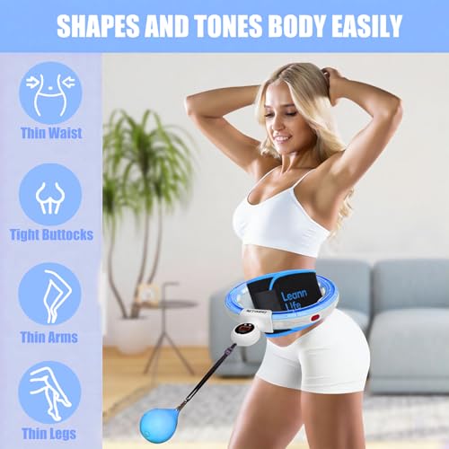 U5 Smart Weighted Hula Hoop with Counter, Waist Trimmer & Wash Bag –16 Knots, 28"–46" Adjustable Infinity Hoop Plus Size, Quiet Rubberized Wheels, Abdominal Toner - color: Blue + Waist Trimmer