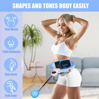 U5 Smart Weighted Hula Hoop with Counter, Waist Trimmer & Wash Bag –16 Knots, 28"–46" Adjustable Infinity Hoop Plus Size, Quiet Rubberized Wheels, Abdominal Toner - color: Blue + Waist Trimmer