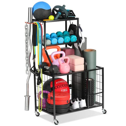 AHOWPD Weight Rack Home Gym Storage, Yoga Mat Storage Rack Workout Equipment Storage Rack for Dumbbells Kettlebell Resistance Band, Exercise Equipment Gym Rack Organizer with Wheel and Levelling Feet