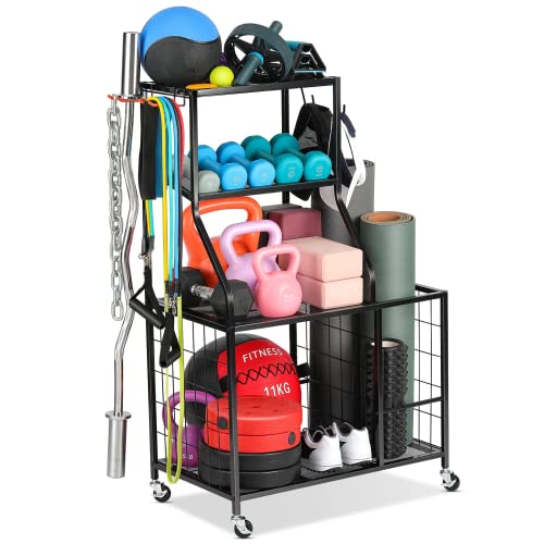AHOWPD Weight Rack Home Gym Storage, Yoga Mat Storage Rack Workout Equipment Storage Rack for Dumbbells Kettlebell Resistance Band, Exercise Equipment Gym Rack Organizer with Wheel and Levelling Feet