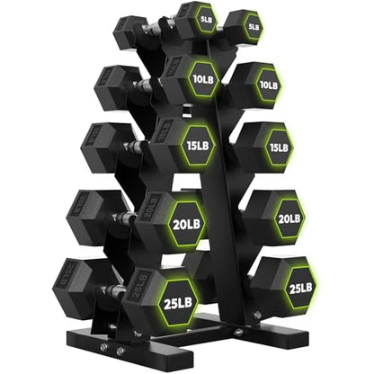 HANDBODE Rubber Coated Hex Dumbbell Set with A-Frame Rack, 100 lb - 600 lb Multiple Options Weight, Hexagon Non-Rolling Shape, Ergonomic Knurled Handle, Home Gym Equipment for Strength Training