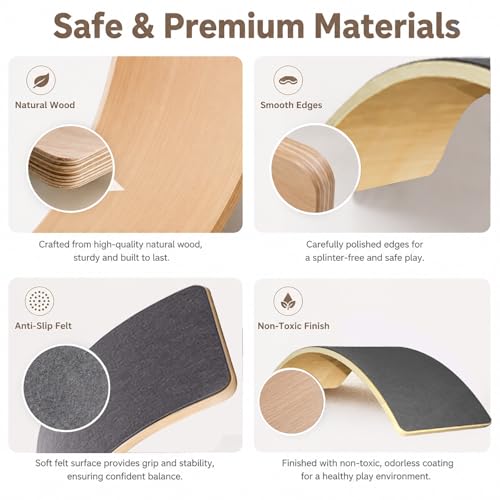 Wooden Balance Board for Kids, Montessori Wobble Board with Anti-Slip Surface, 33 Inch Natural Curved Balance Toy for Toddlers, Open-Ended Waldorf Play Equipment for Indoor Active Play, Gifts for Kids Ages 3+ Years