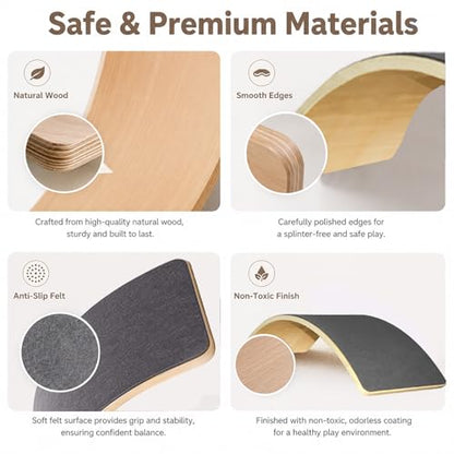 Wooden Balance Board for Kids, Montessori Wobble Board with Anti-Slip Surface, 33 Inch Natural Curved Balance Toy for Toddlers, Open-Ended Waldorf Play Equipment for Indoor Active Play, Gifts for Kids Ages 3+ Years
